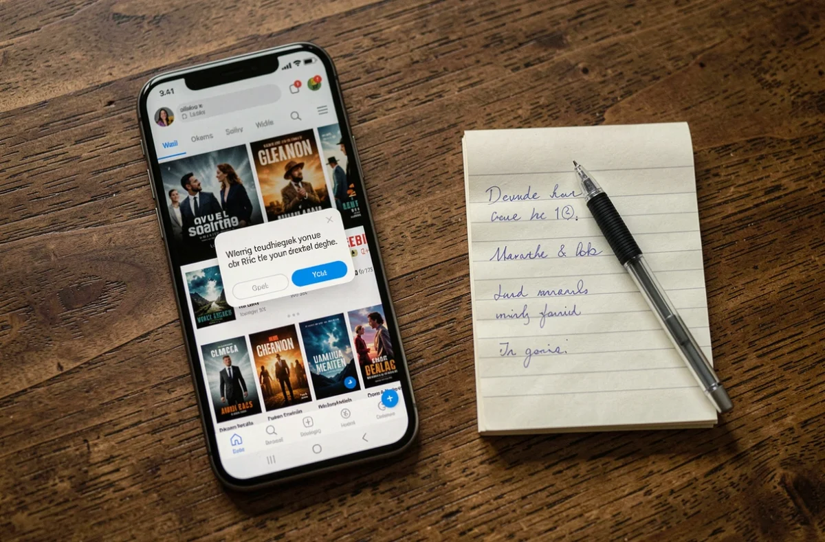 Smartphone affichant un site de streaming de films avec une fenêtre d'avertissement sur une table en bois