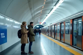 Quai d'une station de métro moderne à Lyon avec un train TCL et des voyageurs attendant sur le bord du quai