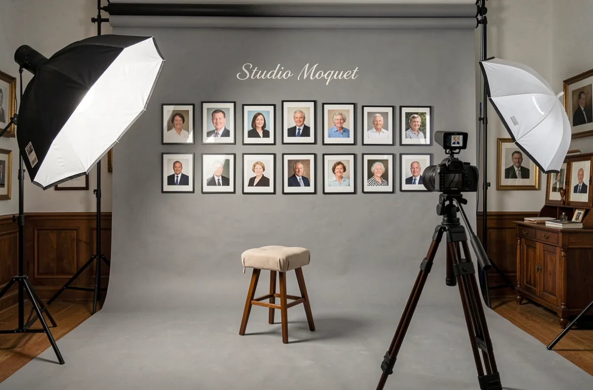 Intérieur du Studio Moquet en Mayenne avec fond gris, trépied professionnel et portraits encadrés sur les murs