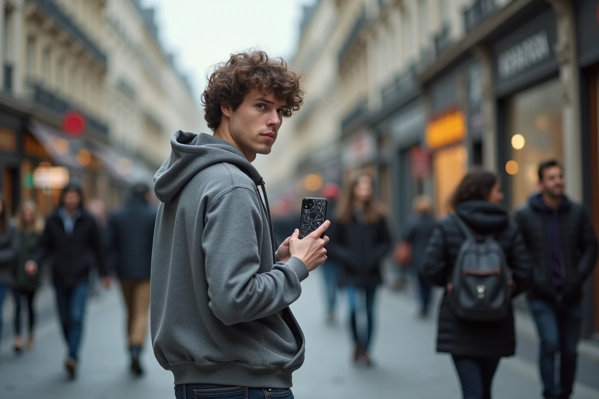 Personne dans une rue parisienne tenant un smartphone symbolisant les enjeux de la surveillance numérique et du voyeurisme en France