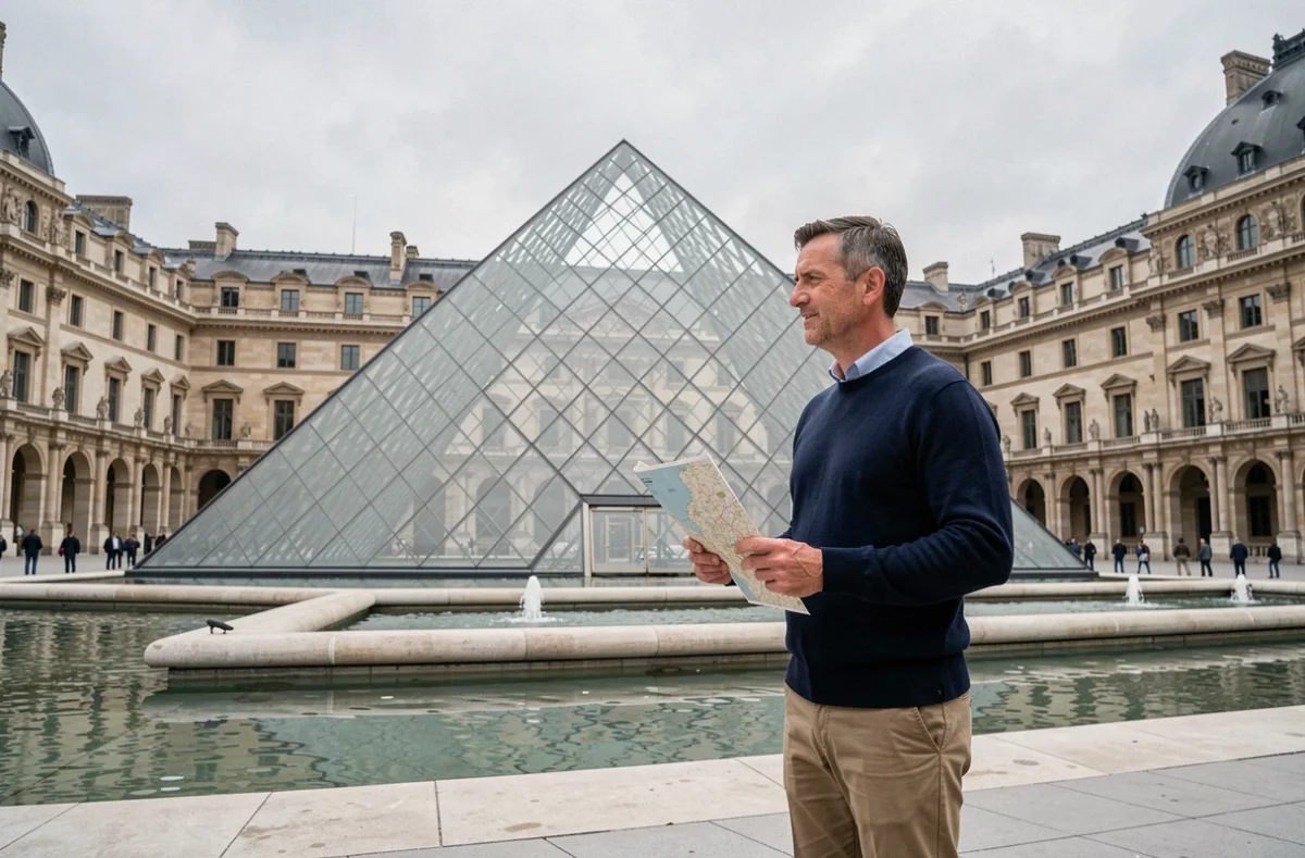 Touriste tenant un plan du Louvre devant la pyramide de verre de la Cour Napoléon à Paris