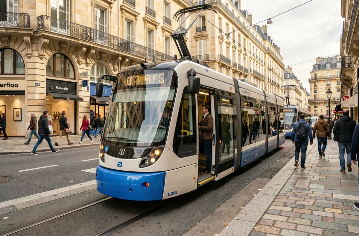 Tramway de Marseille à l'arrêt dans un quartier animé avec passagers embarquant, vue sur la rue et les façades urbaines