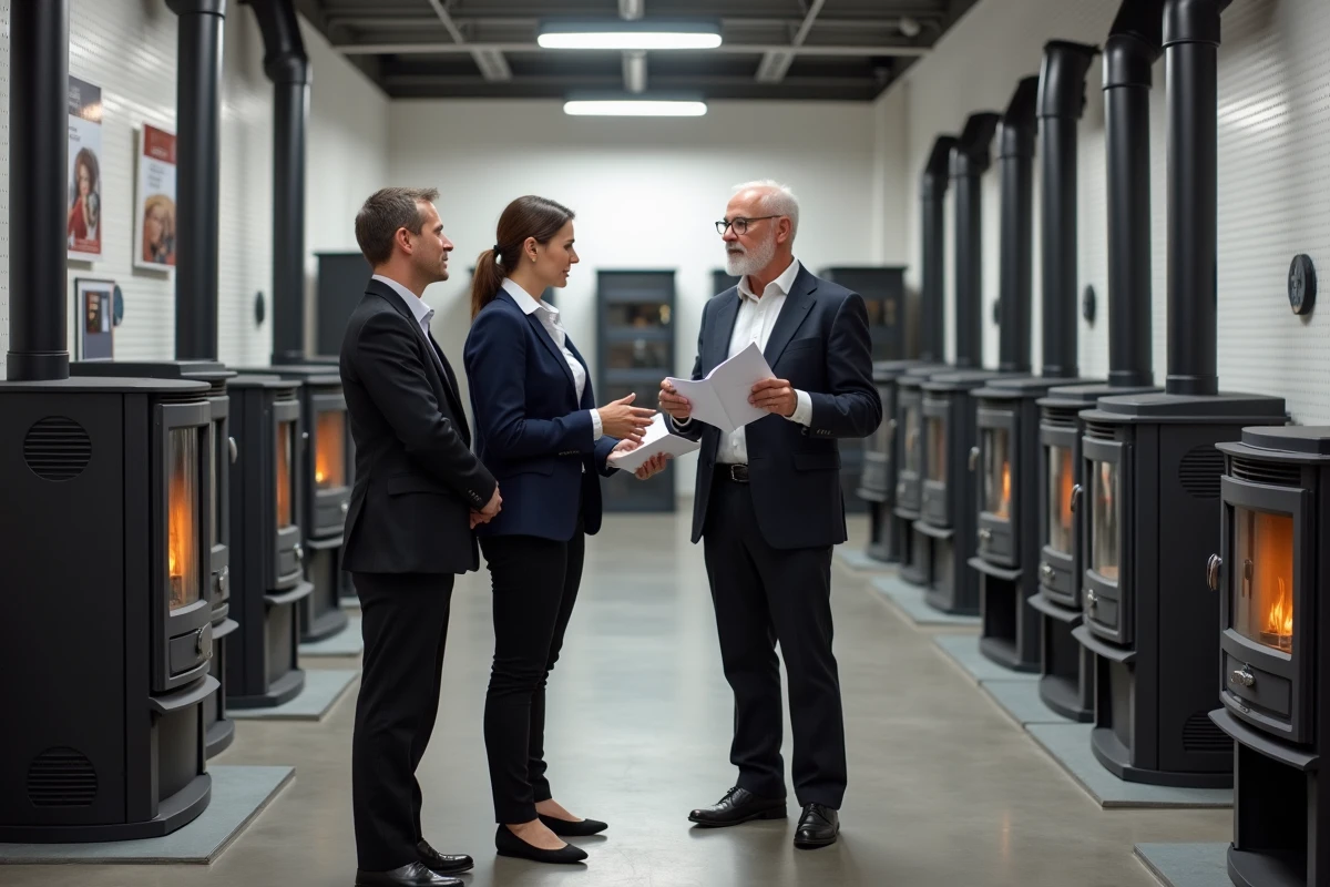 Vendeuse expliquant les différences entre plusieurs modèles de poêles à granulés à un couple de clients dans un showroom