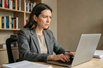 Femme vérifiant une fausse information sur internet depuis son bureau à domicile