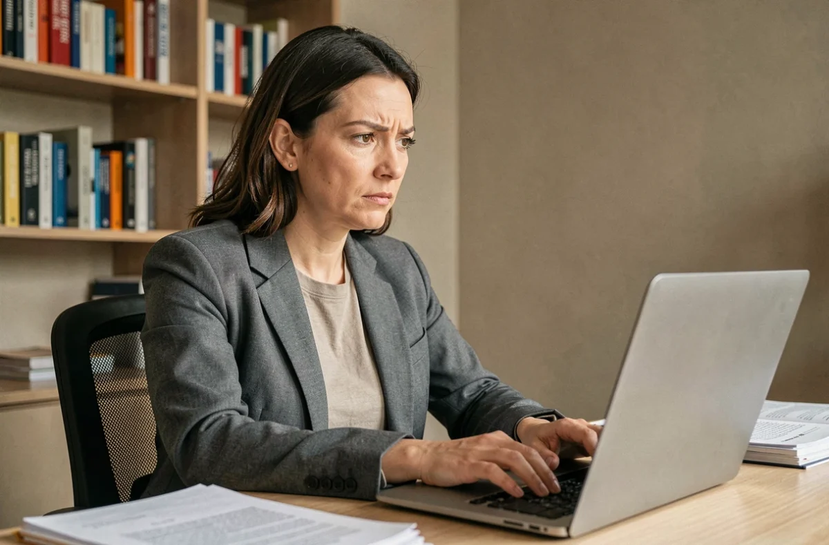 Femme vérifiant une fausse information sur internet depuis son bureau à domicile