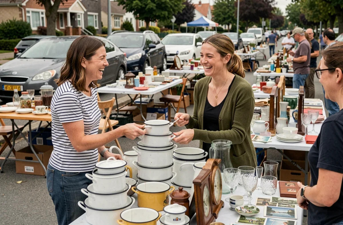 Deux femmes négociant un achat d'ustensiles en émail avec un vendeur à un vide grenier