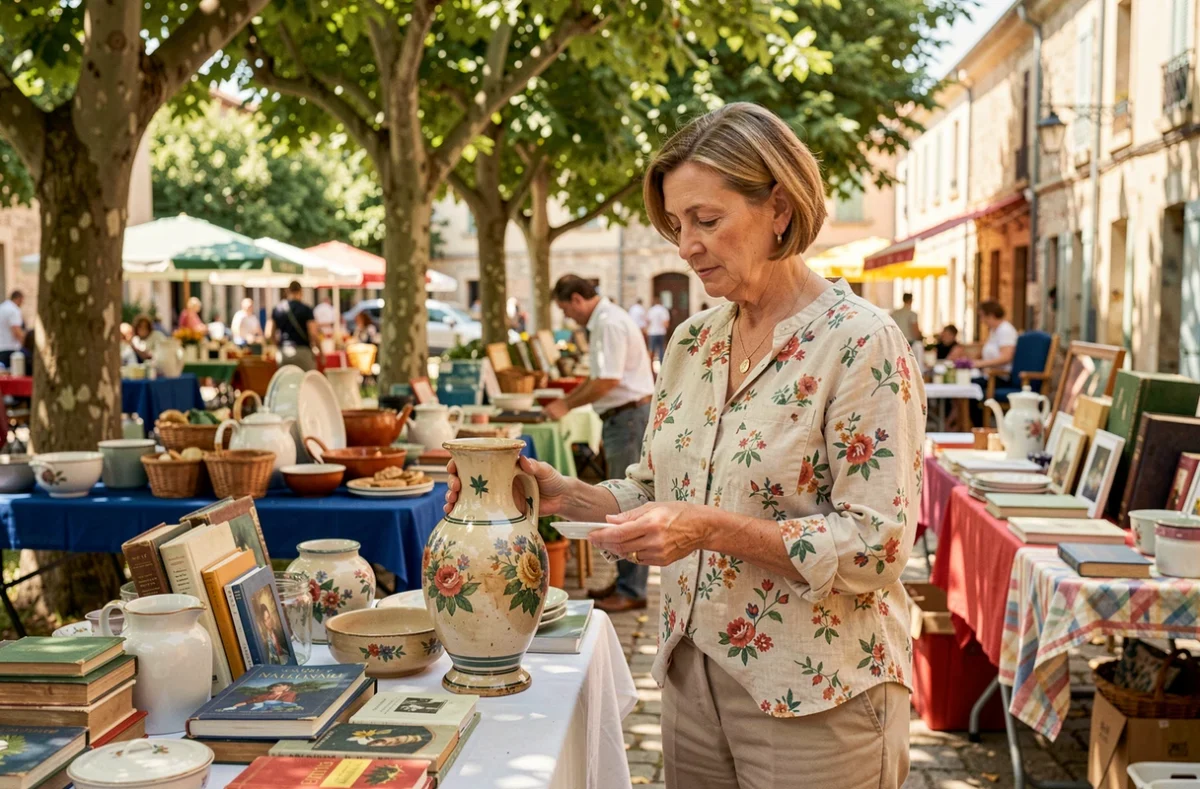 Femme examinant un vase vintage sur un stand de vide grenier en plein air dans un village