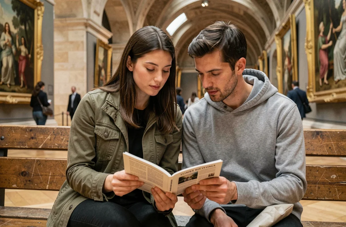 Deux visiteurs consultant un guide du Louvre assis sur un banc dans la galerie Denon face à des tableaux classiques