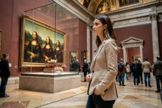 Visiteuse admirant la Joconde de Léonard de Vinci dans la Salle des États du musée du Louvre à Paris