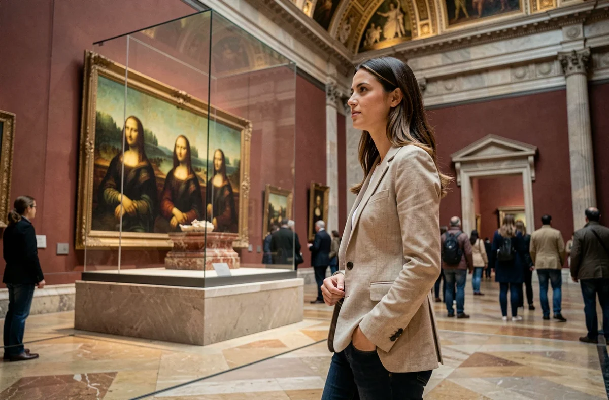 Visiteuse admirant la Joconde de Léonard de Vinci dans la Salle des États du musée du Louvre à Paris