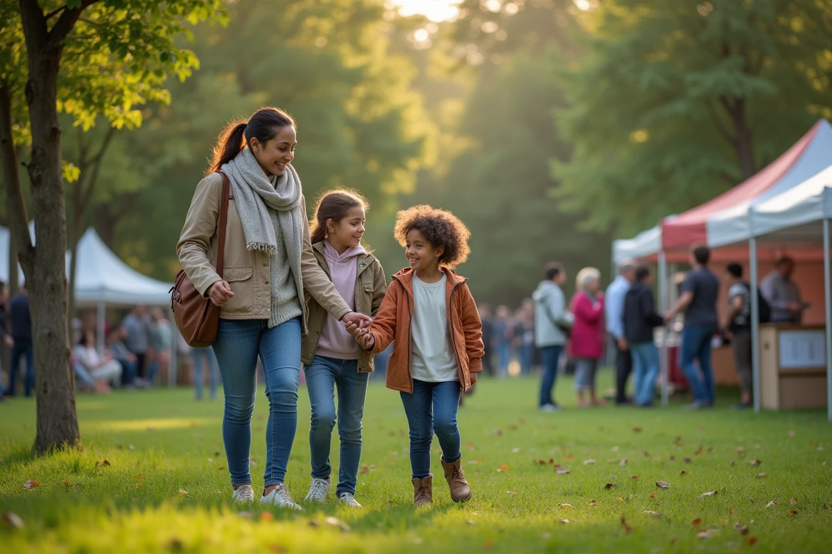 Jeune volontaire aidant une famille dans un parc