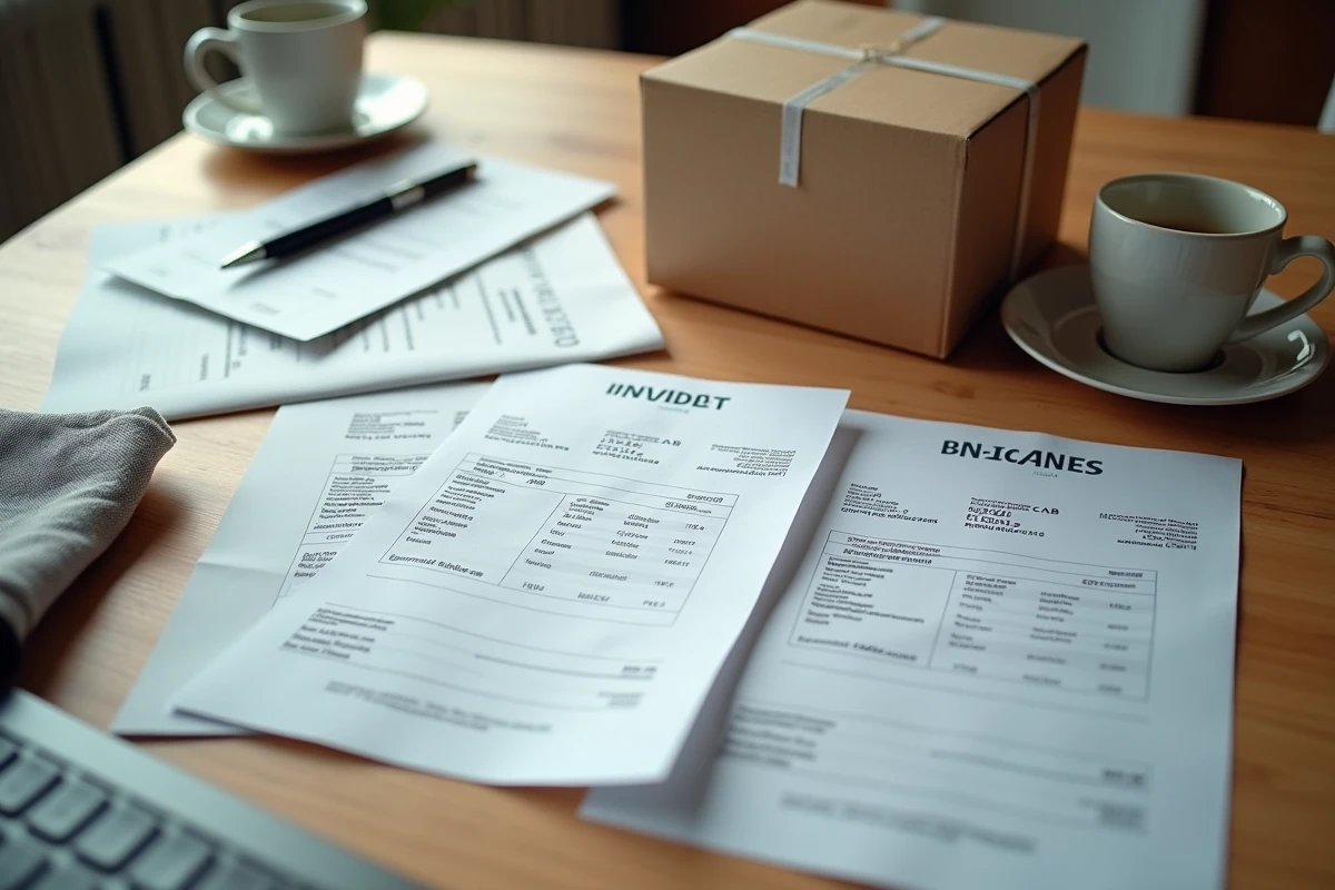 Vue aérienne d'un colis et de documents de livraison avec un numéro de suivi imprimé sur une table