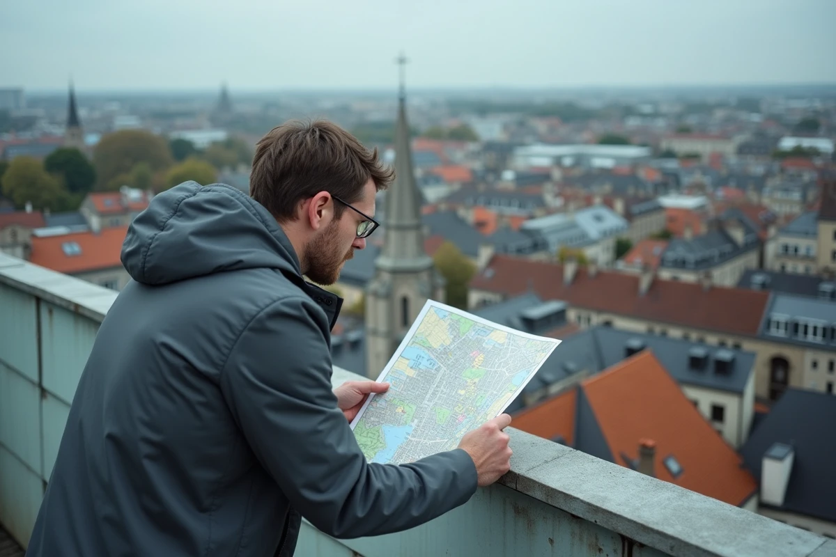 Vue panoramique des toits de Rennes depuis une terrasse avec un urbaniste consultant un plan de la ville